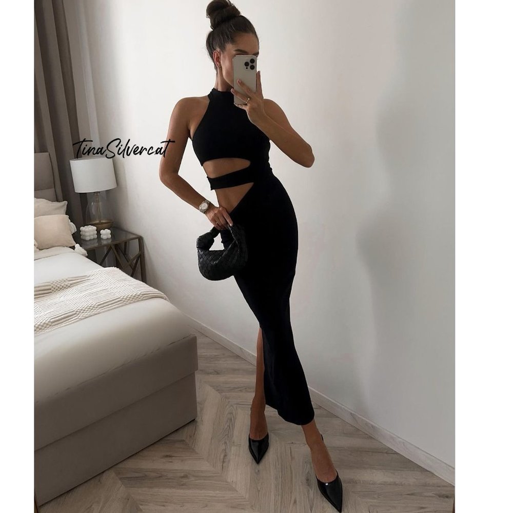 Zara Cut Out Halter Midi Dress Black NWT